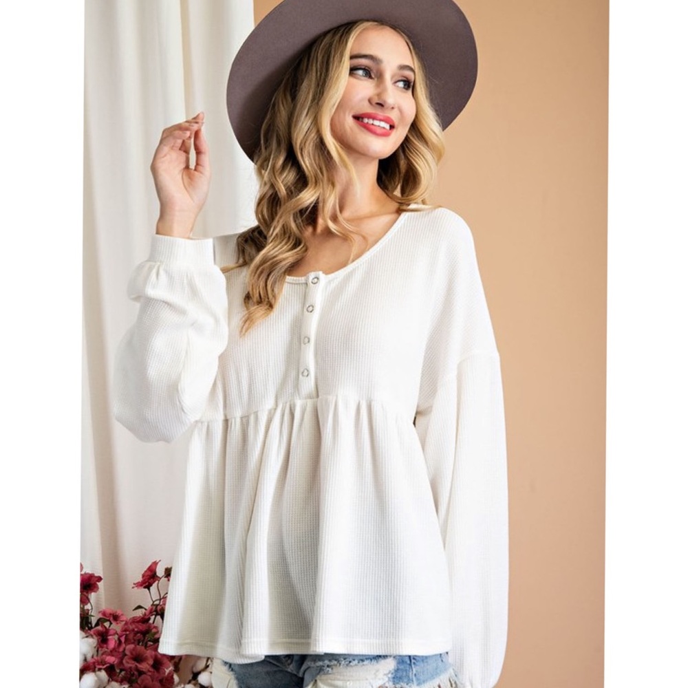 Fall Waffle Knit Top Henley Baby Doll Top Cute Tops Girly Feminine Women’s Top